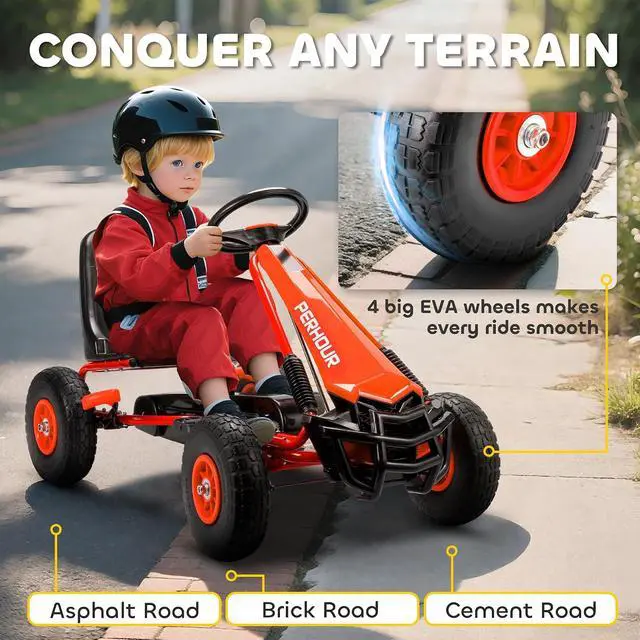 Alt view image 5 of 7 - Qaba Go Kart for Kids, 4 Wheel Pedal Go Cart with Adjustable Seat, Steering Wheel, EVA Wheels, Brake, Outdoor Racer Ride On Pedal Car for Boys & Girls Aged 3-8 Years Old, Red