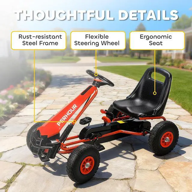 Alt view image 6 of 7 - Qaba Go Kart for Kids, 4 Wheel Pedal Go Cart with Adjustable Seat, Steering Wheel, EVA Wheels, Brake, Outdoor Racer Ride On Pedal Car for Boys & Girls Aged 3-8 Years Old, Red