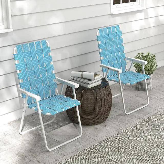 Alt view image 2 of 7 - Set of 2 Patio Folding Chairs Classic Outdoor Camping Chairs Blue | Portable, for Lawn, Garden, Pool, Beach, Backyard