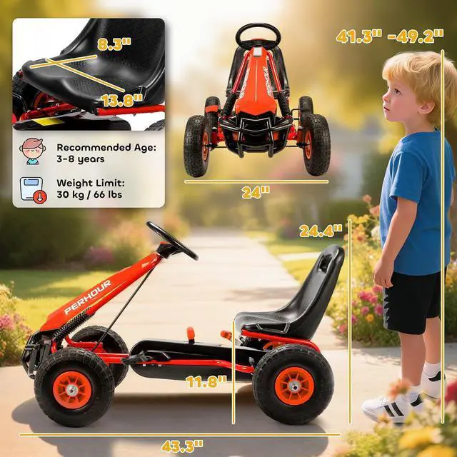 Alt view image 7 of 7 - Qaba Go Kart for Kids, 4 Wheel Pedal Go Cart with Adjustable Seat, Steering Wheel, EVA Wheels, Brake, Outdoor Racer Ride On Pedal Car for Boys & Girls Aged 3-8 Years Old, Red