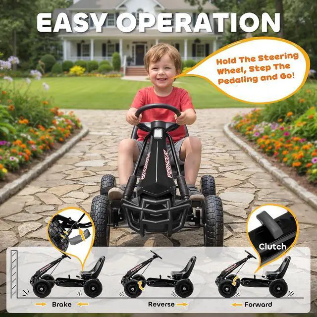 Alt view image 3 of 7 - Qaba Go Kart for Kids 4 Wheel Pedal Go Cart Adjustable Seat Ages 3-8 Black | Steering EVA Wheels, Brake, Outdoor Racer Ride On Pedal Car