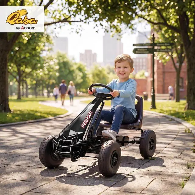 Alt view image 2 of 7 - Qaba Go Kart for Kids 4 Wheel Pedal Go Cart Adjustable Seat Ages 3-8 Black | Steering EVA Wheels, Brake, Outdoor Racer Ride On Pedal Car