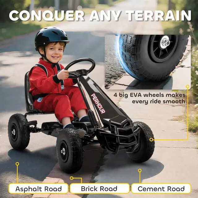 Alt view image 5 of 7 - Qaba Go Kart for Kids 4 Wheel Pedal Go Cart Adjustable Seat Ages 3-8 Black | Steering EVA Wheels, Brake, Outdoor Racer Ride On Pedal Car