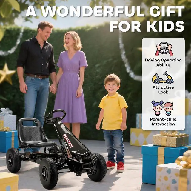 Alt view image 7 of 7 - Qaba Go Kart for Kids 4 Wheel Pedal Go Cart Adjustable Seat Ages 3-8 Black | Steering EVA Wheels, Brake, Outdoor Racer Ride On Pedal Car
