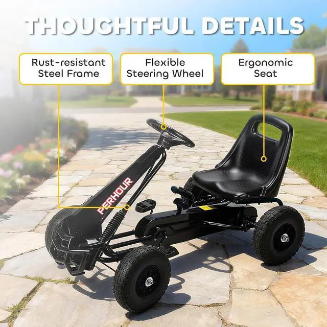 Alt view image 6 of 7 - Qaba Go Kart for Kids 4 Wheel Pedal Go Cart Adjustable Seat Ages 3-8 Black | Steering EVA Wheels, Brake, Outdoor Racer Ride On Pedal Car