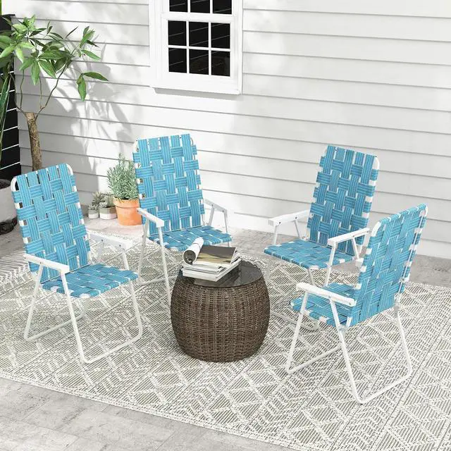 Alt view image 2 of 7 - Set of 4 Patio Folding Chairs, Classic Outdoor Camping Chairs, Portable Lawn Chair Set for Camping, Garden, Pool, Beach, Backyard with Armrests, Blue