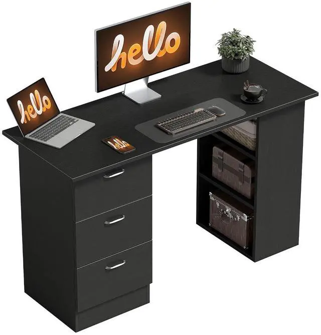 Main image of Computer Desk with Drawers, 47" Home Office Desk with Storage, Black | 3-Tier Shelves, 3 Reversible Drawers, Study Table, for Bedroom