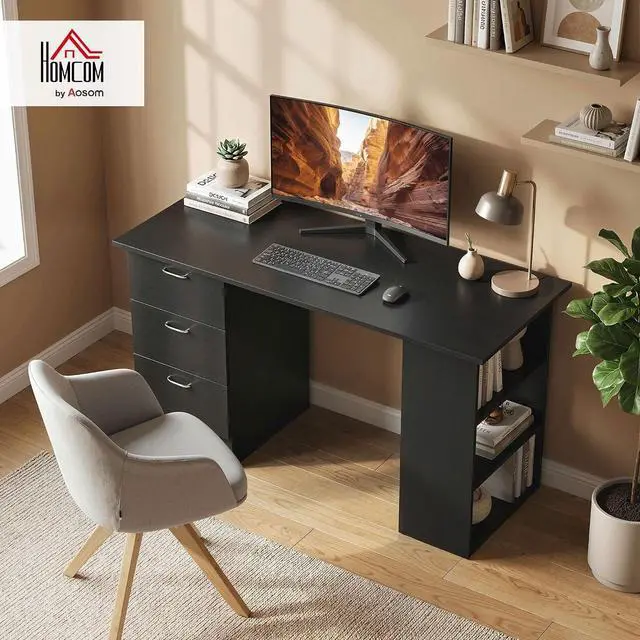 Alt view image 2 of 7 - Computer Desk with Drawers, 47" Home Office Desk with Storage, Black | 3-Tier Shelves, 3 Reversible Drawers, Study Table, for Bedroom