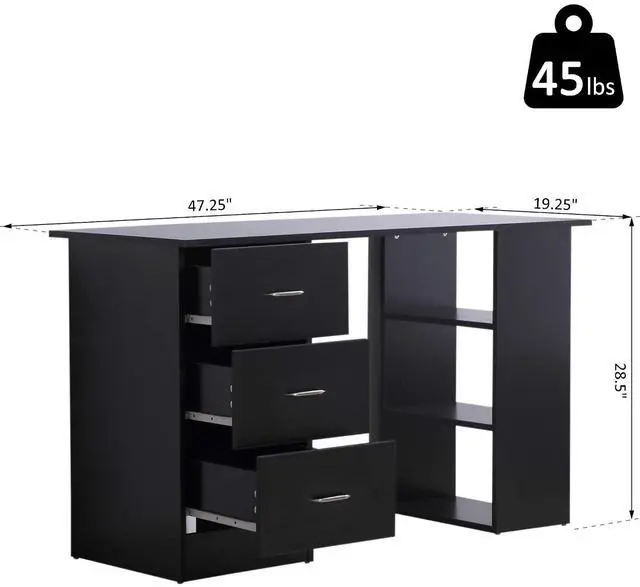 Alt view image 3 of 7 - Computer Desk with Drawers, 47" Home Office Desk with Storage, Black | 3-Tier Shelves, 3 Reversible Drawers, Study Table, for Bedroom