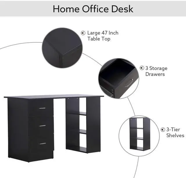 Alt view image 4 of 7 - Computer Desk with Drawers, 47" Home Office Desk with Storage, Black | 3-Tier Shelves, 3 Reversible Drawers, Study Table, for Bedroom
