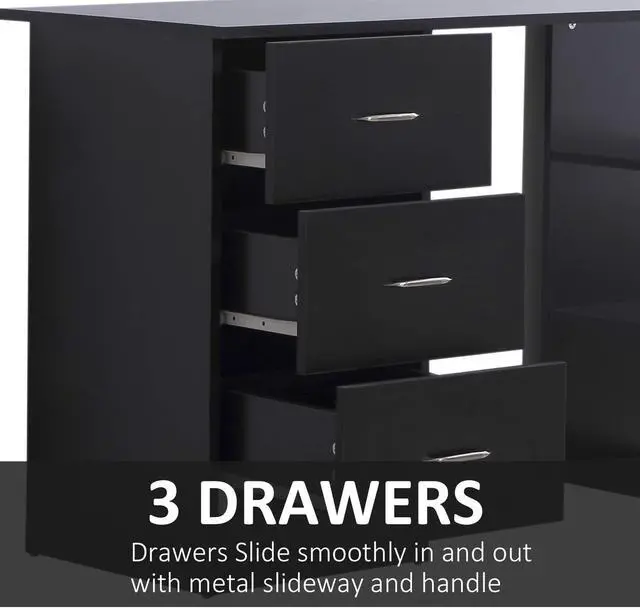 Alt view image 5 of 7 - Computer Desk with Drawers, 47" Home Office Desk with Storage, Black | 3-Tier Shelves, 3 Reversible Drawers, Study Table, for Bedroom