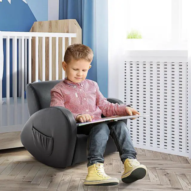 Alt view image 2 of 7 - Qaba Kids Sofa Rocking Chair with Side Pocket Toddler Chair Grey | Toddler Armchair, PU Leather, For Children