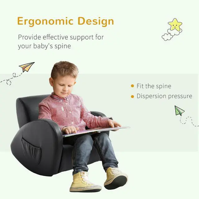 Alt view image 4 of 7 - Qaba Kids Sofa Rocking Chair with Side Pocket Toddler Chair Grey | Toddler Armchair, PU Leather, For Children