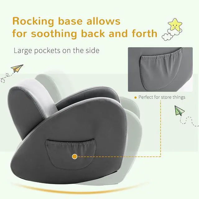 Alt view image 7 of 7 - Qaba Kids Sofa Rocking Chair with Side Pocket Toddler Chair Grey | Toddler Armchair, PU Leather, For Children