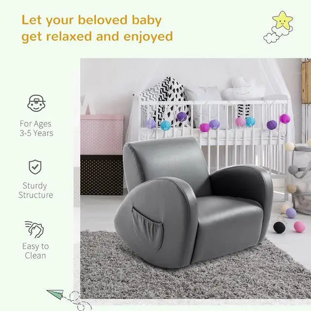 Alt view image 5 of 7 - Qaba Kids Sofa Rocking Chair with Side Pocket Toddler Chair Grey | Toddler Armchair, PU Leather, For Children