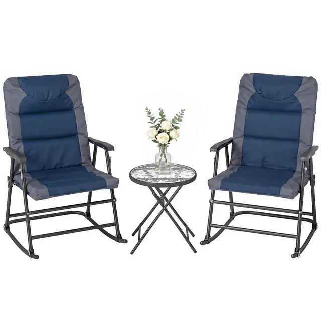 Main image of 3 Piece Outdoor Patio Furniture Set Glass Coffee Table Navy Blue | 2 Folding Padded Rocking Chairs, Bistro Style, Porch, Camping, Balcony