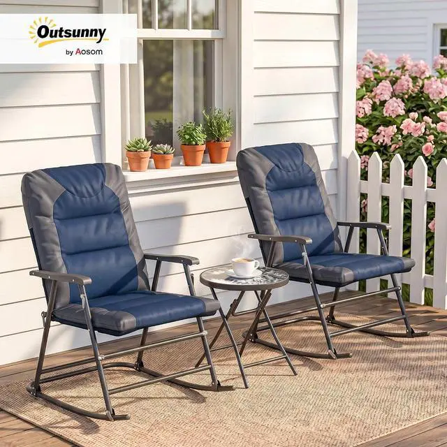 Alt view image 2 of 7 - 3 Piece Outdoor Patio Furniture Set Glass Coffee Table Navy Blue | 2 Folding Padded Rocking Chairs, Bistro Style, Porch, Camping, Balcony