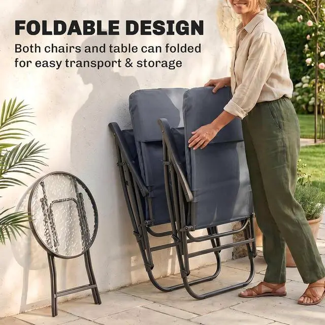 Alt view image 4 of 7 - 3 Piece Outdoor Patio Furniture Set Glass Coffee Table Navy Blue | 2 Folding Padded Rocking Chairs, Bistro Style, Porch, Camping, Balcony