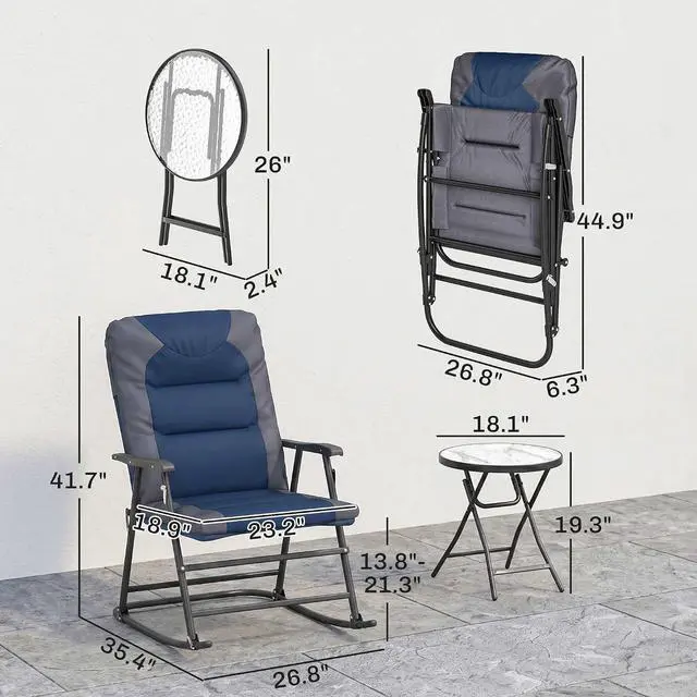 Alt view image 7 of 7 - 3 Piece Outdoor Patio Furniture Set Glass Coffee Table Navy Blue | 2 Folding Padded Rocking Chairs, Bistro Style, Porch, Camping, Balcony