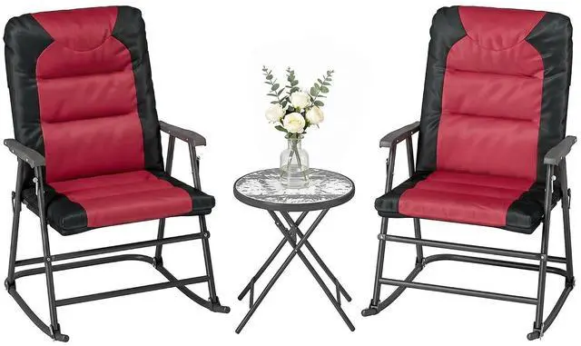 Main image of 3 Piece Outdoor Patio Furniture Set Glass Coffee Table Red | 2 Folding Padded Rocking Chairs, Bistro Style, Porch, Camping, Balcony