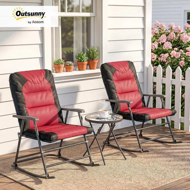 Alt view image 2 of 7 - 3 Piece Outdoor Patio Furniture Set Glass Coffee Table Red | 2 Folding Padded Rocking Chairs, Bistro Style, Porch, Camping, Balcony