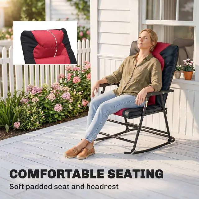 Alt view image 6 of 7 - 3 Piece Outdoor Patio Furniture Set Glass Coffee Table Red | 2 Folding Padded Rocking Chairs, Bistro Style, Porch, Camping, Balcony