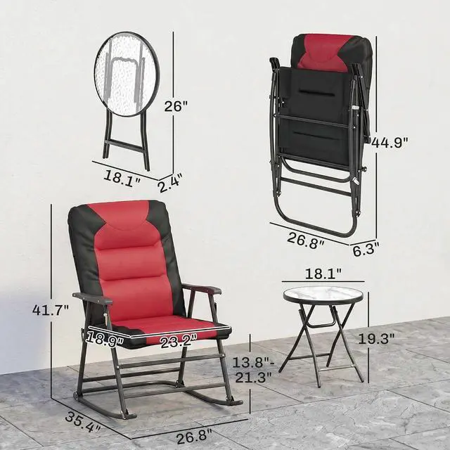 Alt view image 7 of 7 - 3 Piece Outdoor Patio Furniture Set Glass Coffee Table Red | 2 Folding Padded Rocking Chairs, Bistro Style, Porch, Camping, Balcony