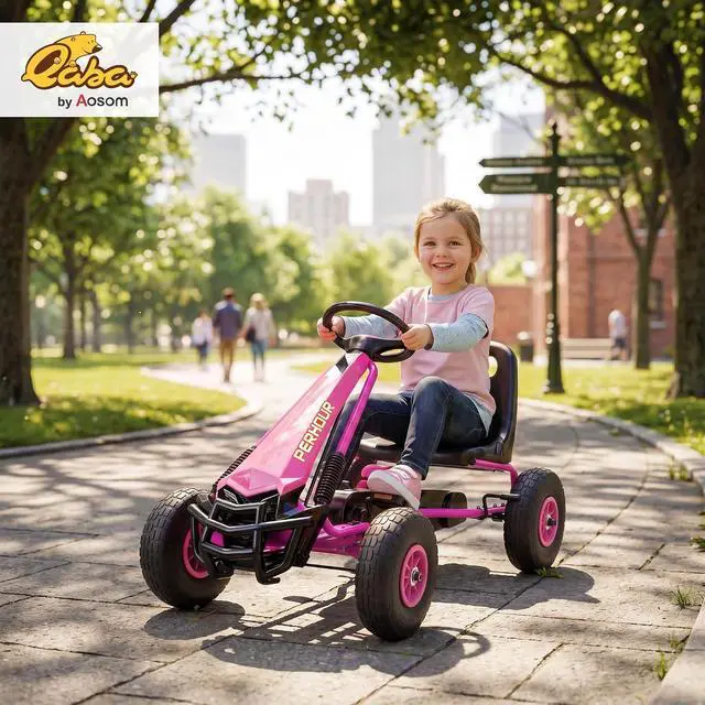 Alt view image 2 of 7 - Qaba Go Kart for Kids 4 Wheel Pedal Go Cart Adjustable Seat Ages 3-8 Pink | Steering EVA Wheels, Brake, Outdoor Racer Ride On Pedal Car