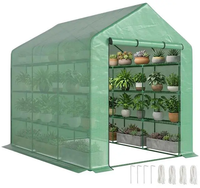 Main image of 8' x 6' x 7' Walk-in Greenhouse PE Cover 4-Tier Shelves Green | Steel Frame Hot House, Roll-Up Zipper Door, for Flowers, Vegetables, Saplings, Tropical Plants