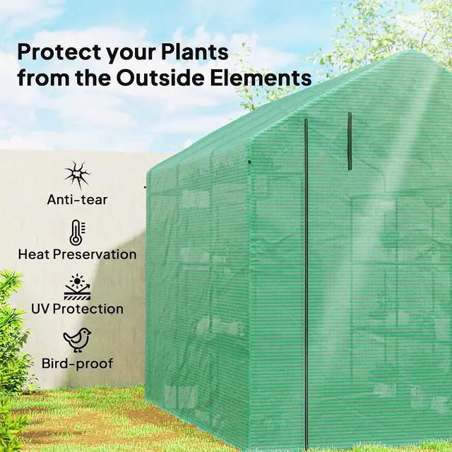 Alt view image 3 of 7 - 8' x 6' x 7' Walk-in Greenhouse PE Cover 4-Tier Shelves Green | Steel Frame Hot House, Roll-Up Zipper Door, for Flowers, Vegetables, Saplings, Tropical Plants