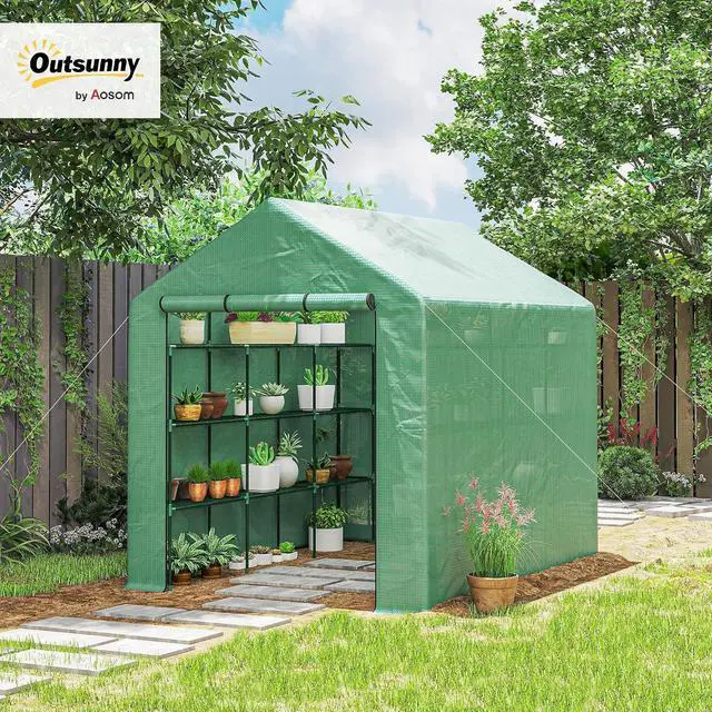 Alt view image 2 of 7 - 8' x 6' x 7' Walk-in Greenhouse PE Cover 4-Tier Shelves Green | Steel Frame Hot House, Roll-Up Zipper Door, for Flowers, Vegetables, Saplings, Tropical Plants