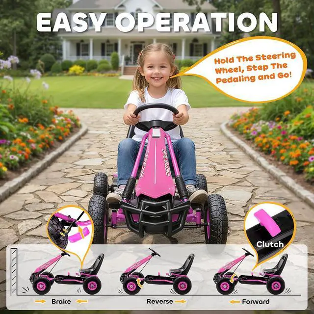 Alt view image 3 of 7 - Qaba Go Kart for Kids 4 Wheel Pedal Go Cart Adjustable Seat Ages 3-8 Pink | Steering EVA Wheels, Brake, Outdoor Racer Ride On Pedal Car