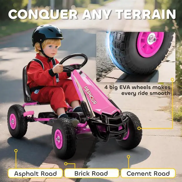 Alt view image 5 of 7 - Qaba Go Kart for Kids 4 Wheel Pedal Go Cart Adjustable Seat Ages 3-8 Pink | Steering EVA Wheels, Brake, Outdoor Racer Ride On Pedal Car