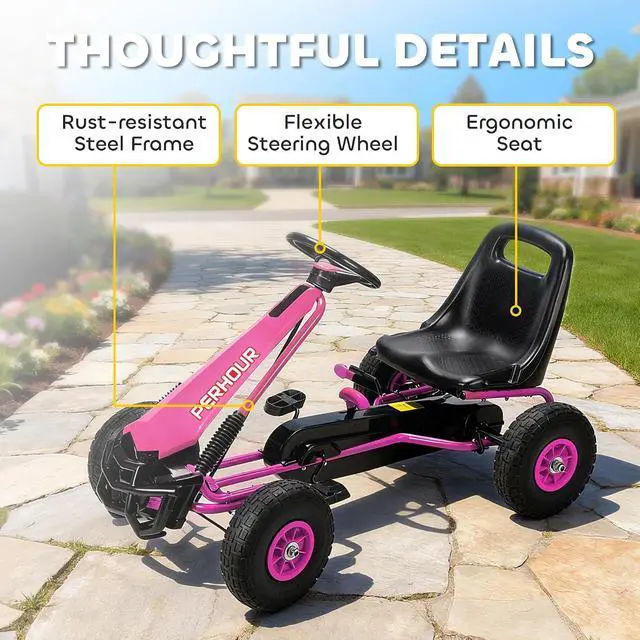 Alt view image 6 of 7 - Qaba Go Kart for Kids 4 Wheel Pedal Go Cart Adjustable Seat Ages 3-8 Pink | Steering EVA Wheels, Brake, Outdoor Racer Ride On Pedal Car