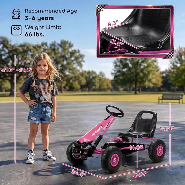 Alt view image 7 of 7 - Qaba Go Kart for Kids 4 Wheel Pedal Go Cart Adjustable Seat Ages 3-8 Pink | Steering EVA Wheels, Brake, Outdoor Racer Ride On Pedal Car