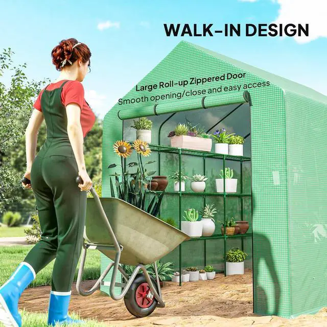 Alt view image 4 of 7 - 8' x 6' x 7' Walk-in Greenhouse PE Cover 4-Tier Shelves Green | Steel Frame Hot House, Roll-Up Zipper Door, for Flowers, Vegetables, Saplings, Tropical Plants