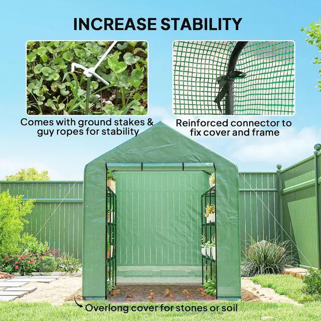 Alt view image 6 of 7 - 8' x 6' x 7' Walk-in Greenhouse PE Cover 4-Tier Shelves Green | Steel Frame Hot House, Roll-Up Zipper Door, for Flowers, Vegetables, Saplings, Tropical Plants