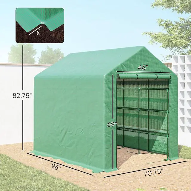 Alt view image 7 of 7 - 8' x 6' x 7' Walk-in Greenhouse PE Cover 4-Tier Shelves Green | Steel Frame Hot House, Roll-Up Zipper Door, for Flowers, Vegetables, Saplings, Tropical Plants