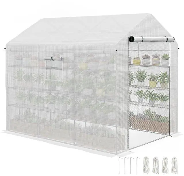 Main image of 8' x 6' x 7' Walk-in Greenhouse PE Cover 4-Tier Shelves White | Steel Frame Hot House, Roll-Up Zipper Door, for Flowers, Vegetables, Saplings, Tropical Plants