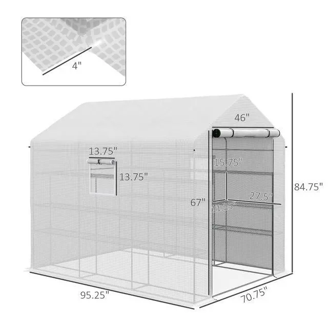 Alt view image 7 of 7 - 8' x 6' x 7' Walk-in Greenhouse PE Cover 4-Tier Shelves White | Steel Frame Hot House, Roll-Up Zipper Door, for Flowers, Vegetables, Saplings, Tropical Plants