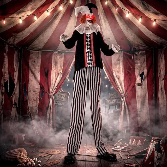 Main image of 106" Large Animatronic Clown Halloween Animated Decor Horror Prop | Animated Holiday Decoration, Scary Sound and Move, Light Up Eyes, Sound Touch Activated, Haunted House, Party, Outdoor Indoor