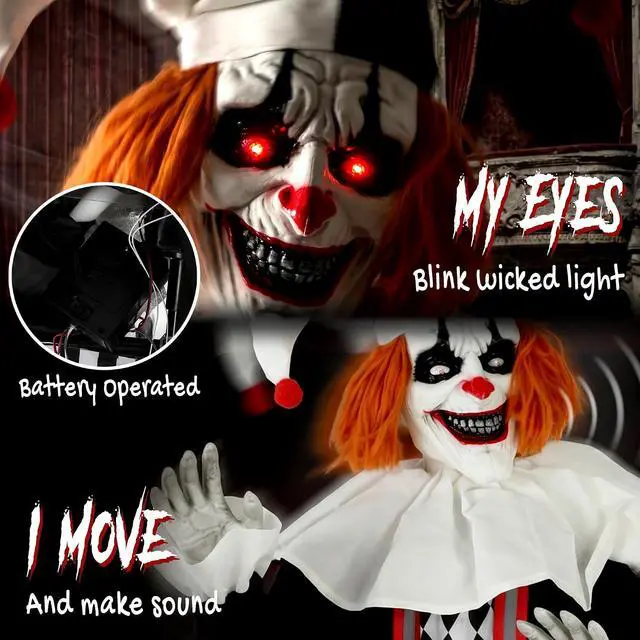 Alt view image 3 of 7 - 106" Large Animatronic Clown Halloween Animated Decor Horror Prop | Animated Holiday Decoration, Scary Sound and Move, Light Up Eyes, Sound Touch Activated, Haunted House, Party, Outdoor Indoor