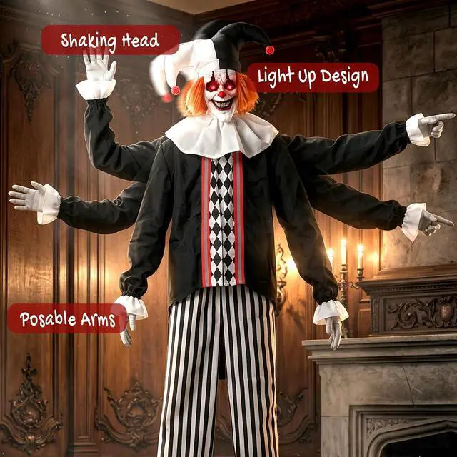Alt view image 5 of 7 - 106" Large Animatronic Clown Halloween Animated Decor Horror Prop | Animated Holiday Decoration, Scary Sound and Move, Light Up Eyes, Sound Touch Activated, Haunted House, Party, Outdoor Indoor
