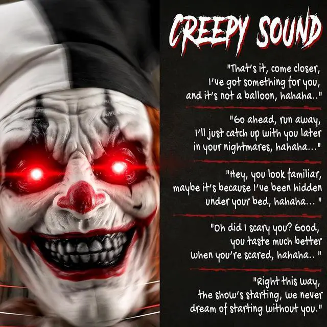Alt view image 6 of 7 - 106" Large Animatronic Clown Halloween Animated Decor Horror Prop | Animated Holiday Decoration, Scary Sound and Move, Light Up Eyes, Sound Touch Activated, Haunted House, Party, Outdoor Indoor