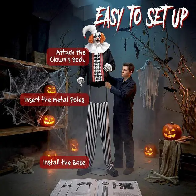 Alt view image 7 of 7 - 106" Large Animatronic Clown Halloween Animated Decor Horror Prop | Animated Holiday Decoration, Scary Sound and Move, Light Up Eyes, Sound Touch Activated, Haunted House, Party, Outdoor Indoor
