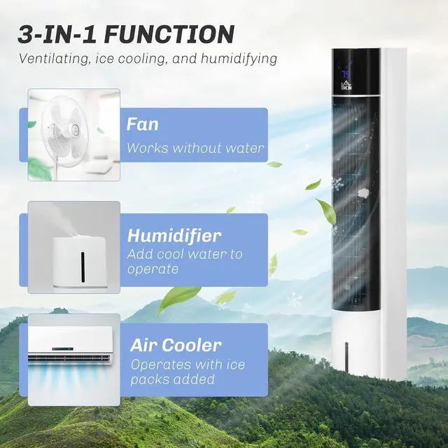 Alt view image 3 of 7 - 42" 3-In-1 Evaporative Air Cooler 52° Oscillating Portable White | Swamp Cooler, Water Tank, Humidifier, Ice Cooling Fan, for Home Office, 3 Modes, 3 Speeds, 12H Timer, Remote