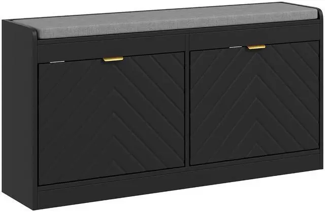 Main image of Shoe Bench with 2 Flip Drawers, Seating Cushion, 2 Vents, Black | Entryway Bench, for 8 Pairs of Shoes, for Hallway