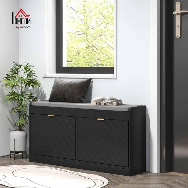 Alt view image 2 of 7 - Shoe Bench with 2 Flip Drawers, Seating Cushion, 2 Vents, Black | Entryway Bench, for 8 Pairs of Shoes, for Hallway
