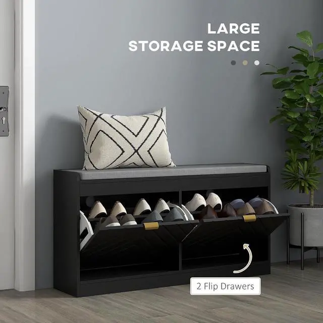 Alt view image 4 of 7 - Shoe Bench with 2 Flip Drawers, Seating Cushion, 2 Vents, Black | Entryway Bench, for 8 Pairs of Shoes, for Hallway