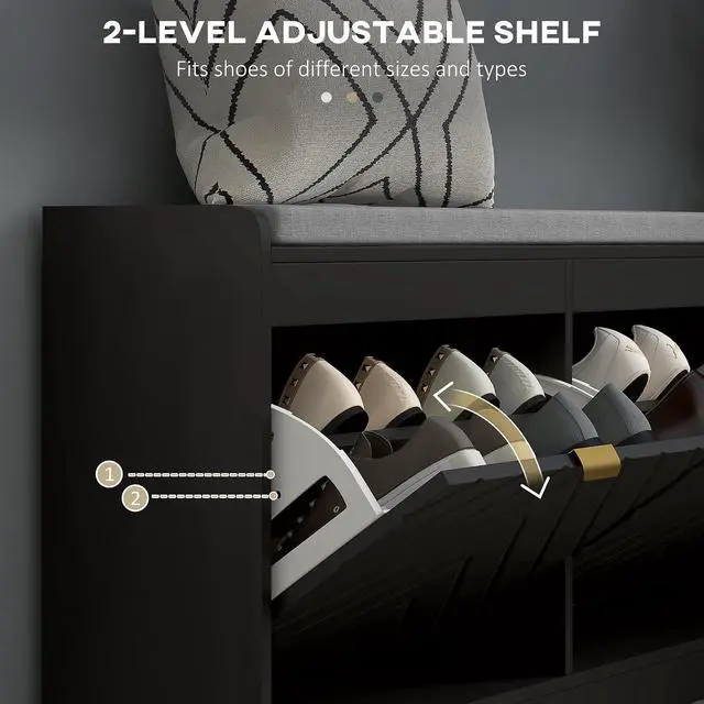 Alt view image 5 of 7 - Shoe Bench with 2 Flip Drawers, Seating Cushion, 2 Vents, Black | Entryway Bench, for 8 Pairs of Shoes, for Hallway